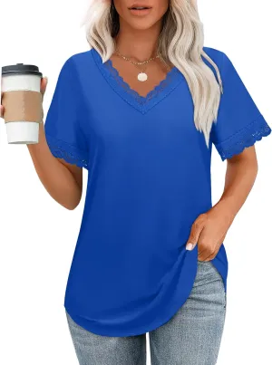 XIEERDUO V Neck T Shirts for Women Lace Sleeve Ladies Tops and Blouses Summer Outfits Basic Tee