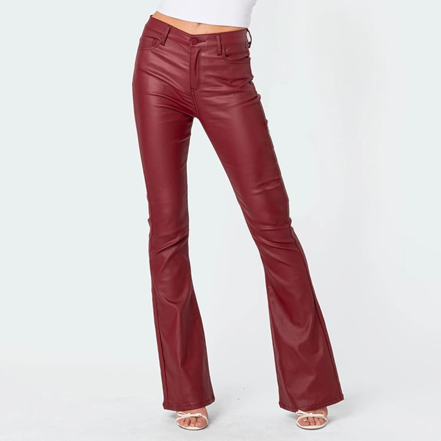 Yoawdats Women's Faux Leather Pants PU High Waist Flare Long Pants Tummy Control Bootcut Bell Bottom Trousers with Pockets