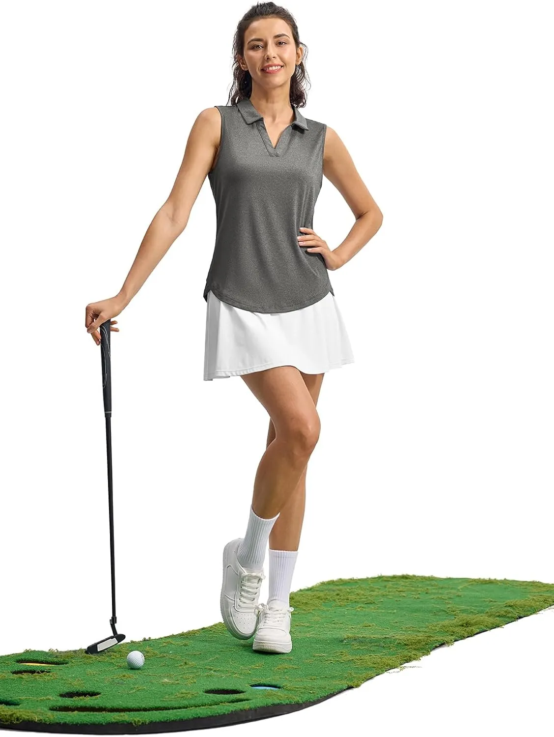 YSENTO Women's V-Neck Collared Golf Tennis Shirts Sleeveless UPF 50  Quick Dry Polo Shirts Tops Split Hem