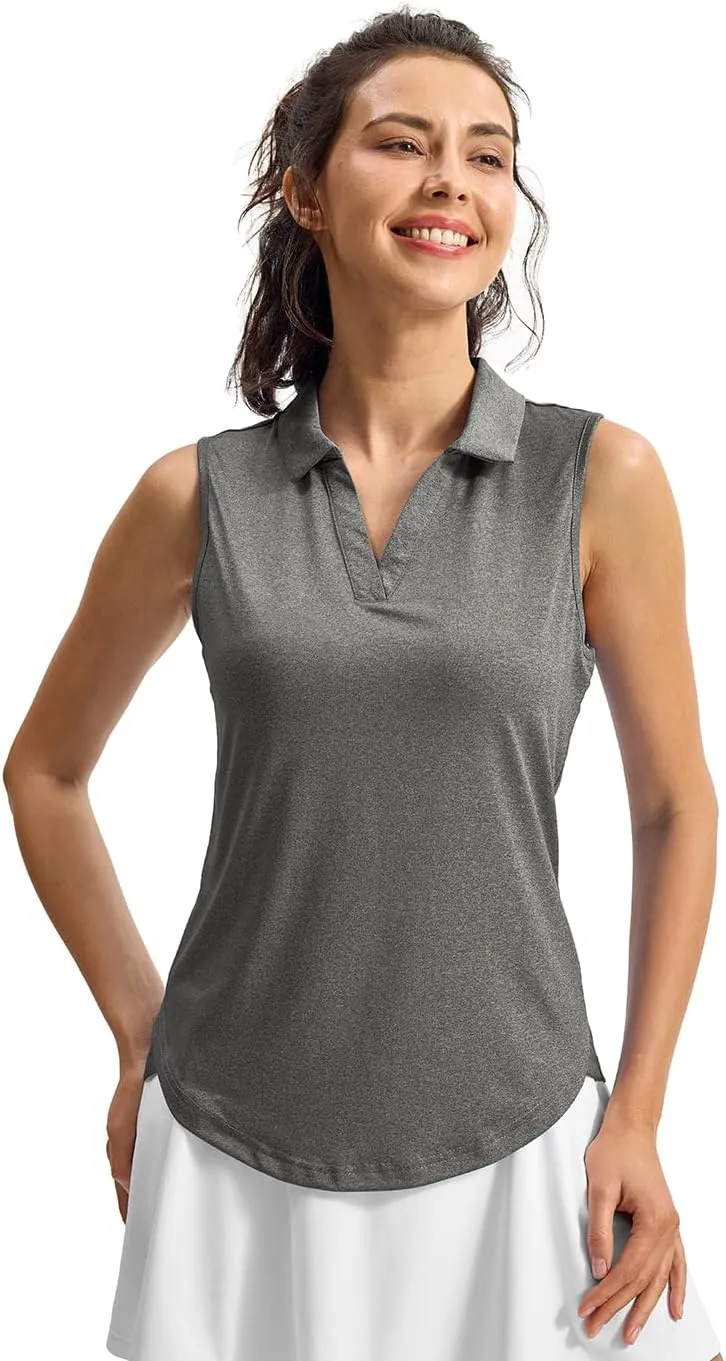 YSENTO Women's V-Neck Collared Golf Tennis Shirts Sleeveless UPF 50  Quick Dry Polo Shirts Tops Split Hem