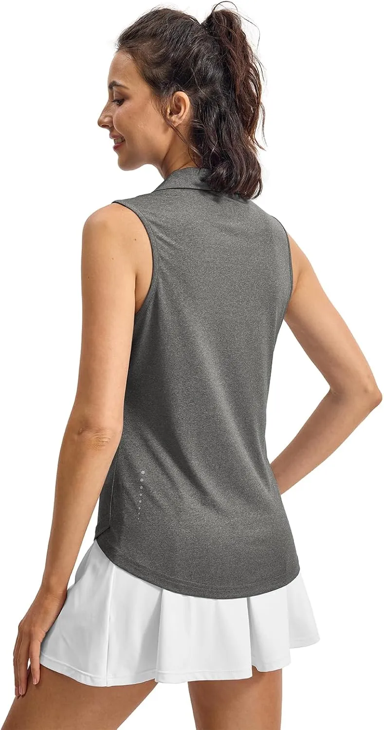 YSENTO Women's V-Neck Collared Golf Tennis Shirts Sleeveless UPF 50  Quick Dry Polo Shirts Tops Split Hem