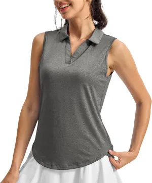 YSENTO Women's V-Neck Collared Golf Tennis Shirts Sleeveless UPF 50  Quick Dry Polo Shirts Tops Split Hem