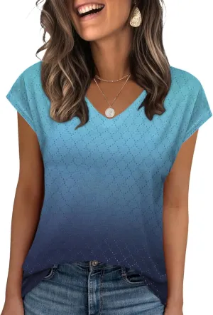 Zeagoo 2025 Women's Tank Top V Neck Eyelet T Shirts Cap Sleeve Tops Loose Fit Blouses Dressy Casual Summer Basic Shirts