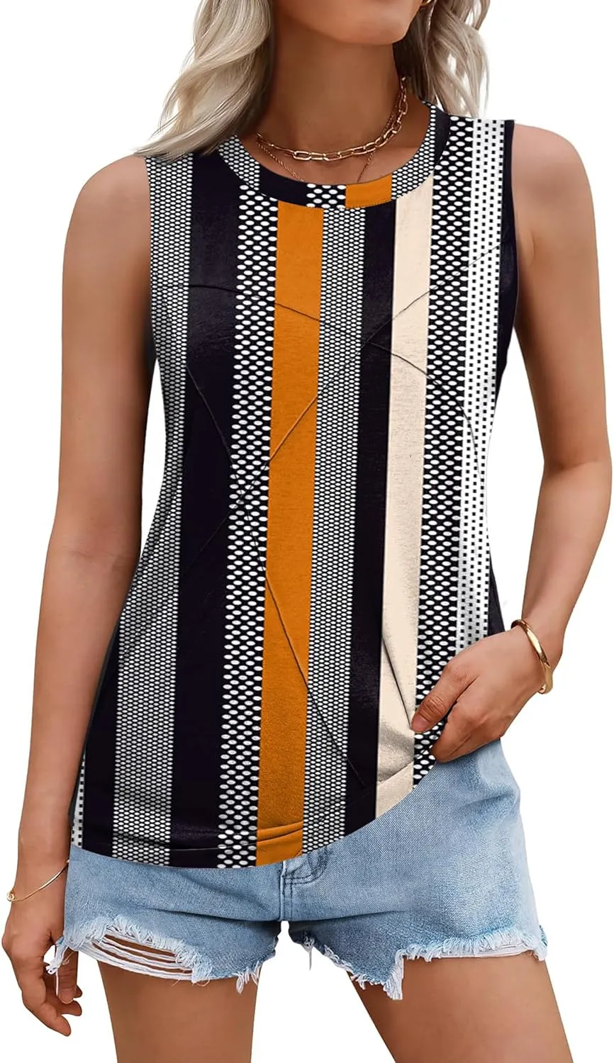 Zeagoo Beach Vacation Clothes for Women Pleated High Neck Flowy Sleeveless Tank Tops Summer Loose Fit Tunic Blouses