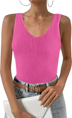 Zeagoo Womens Ribbed Tank Tops 2024 V Neck Slim Fit Knit Sleeveless Shirts Casual Basic Tee