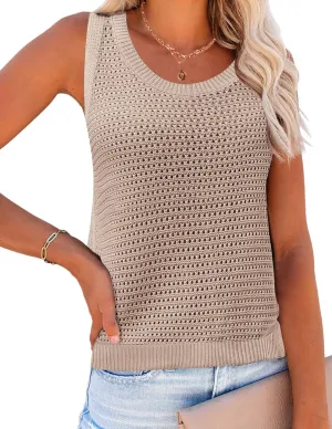 Zeagoo Womens Summer Crochet Sleeveless Sweater Vest Round Neck Hollow Out Knit Tank Tops Casual Loose Cami Tops