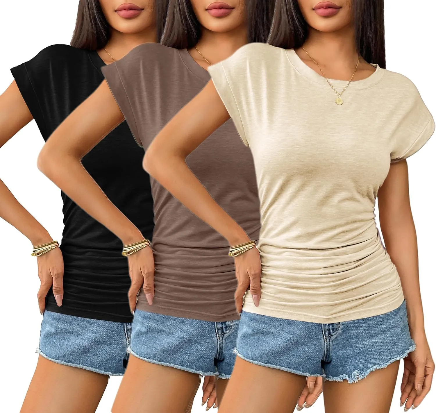 Zeagoo Womens Summer Tops Ruched Cap Short Sleeve Tshirts Shirts Crew Neck T Shirts Trendy 2025 Fashion S-XXXL