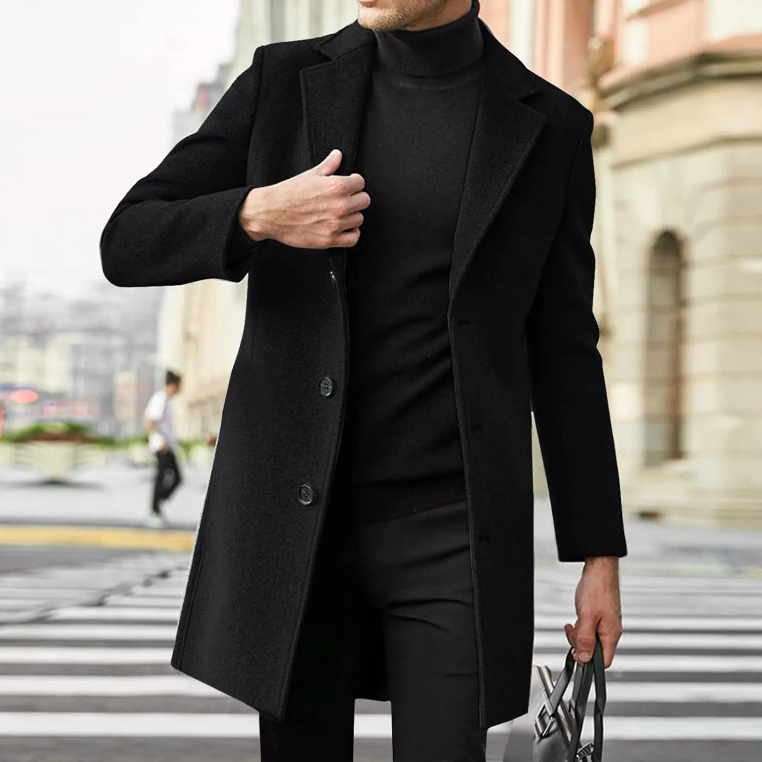 ZYXTIM Men's Casual Trench Coat Wool Blend Pea Coat Notched Collar Single Breasted Warm Winter Long Jacket Oversize Overcoat