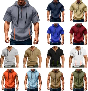 ZYXTIM Men's Hoodies Short Sleeve Pullover Oversize Casual Quarter Zipper Summer Shirts Stretch Gym Workout Tops with Pockets