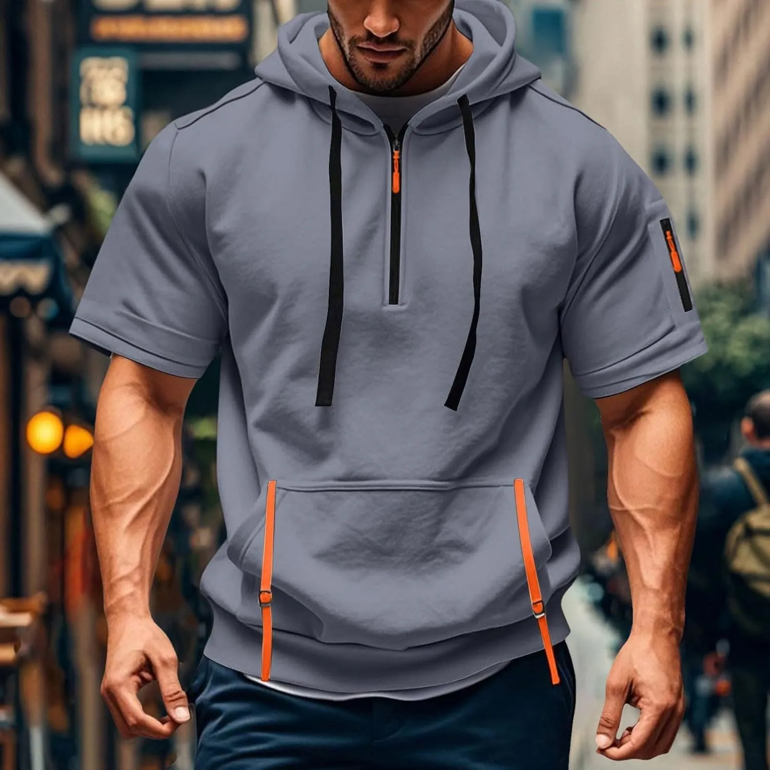 ZYXTIM Men's Hoodies Short Sleeve Pullover Oversize Casual Quarter Zipper Summer Shirts Stretch Gym Workout Tops with Pockets