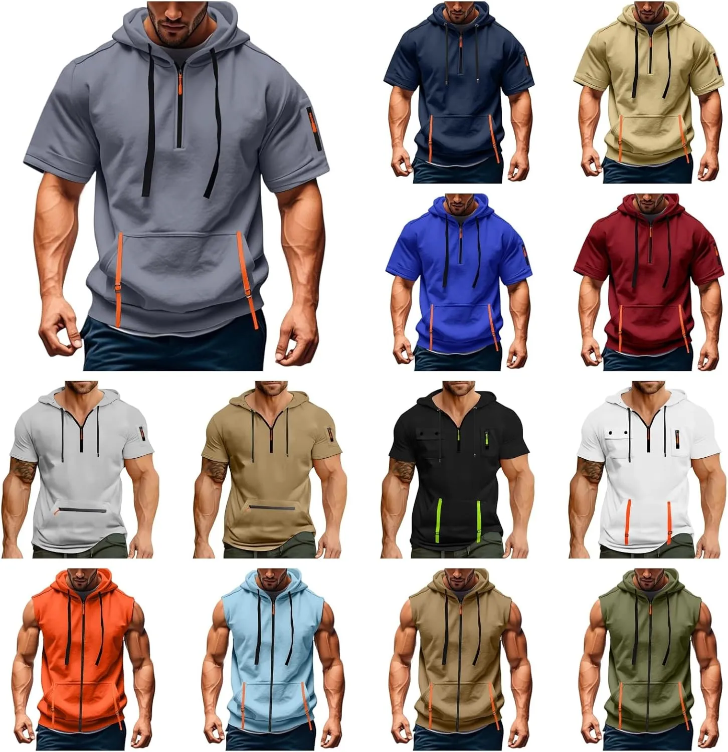 ZYXTIM Men's Hoodies Short Sleeve Pullover Oversize Casual Quarter Zipper Summer Shirts Stretch Gym Workout Tops with Pockets